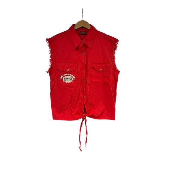 Sturgis 2014 Red Button Up Tie Front Sleeveless Shirt Graphic Biker Womens 2XL - Picture 2 of 6